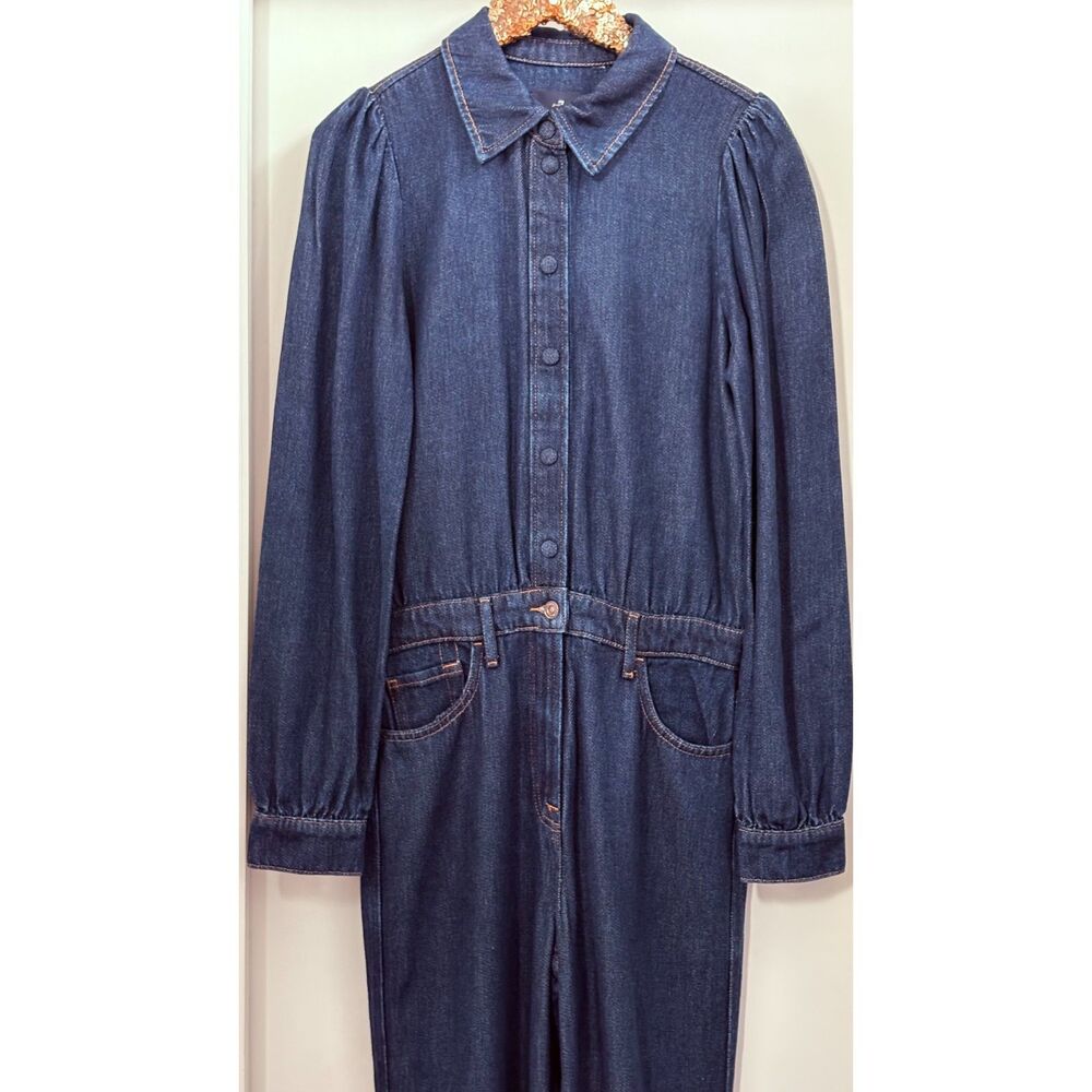 7 For All Mankind Denim Tailored Wide Leg Button Up Indigo Blue Jumpsuit M NWOT